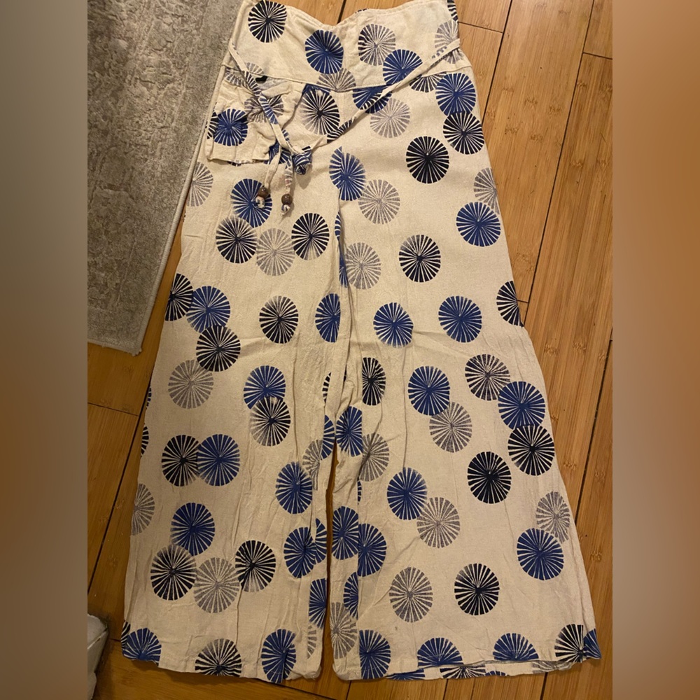 Cotton Cream and Blue Wide Leg Pants